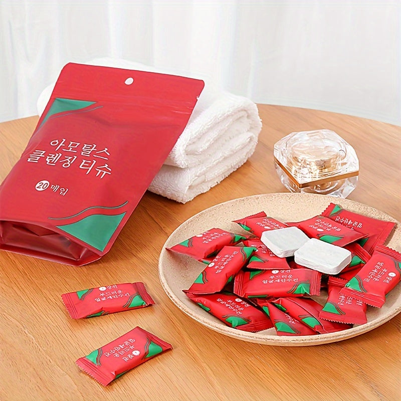 20/50pcs Disposable Compressed Towel, Travel Portable Package Face Towel, Female Portable Pure Thickened Candy Cleansing Towel, Compressed Small Square Towel